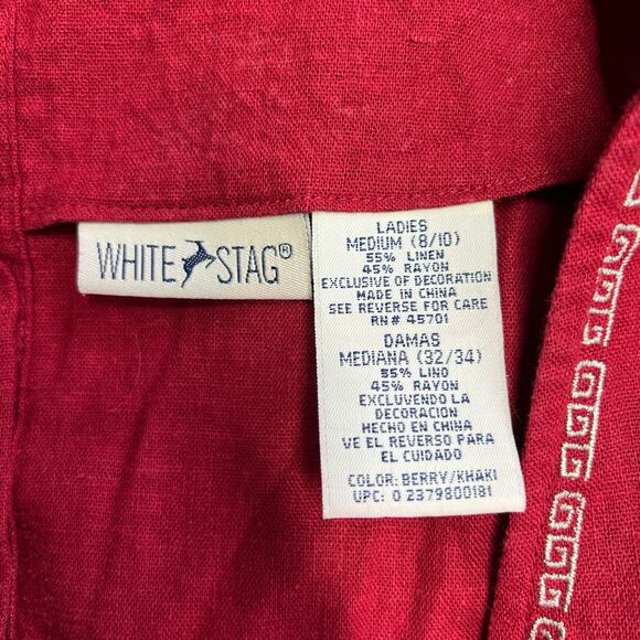 White Stag Womens Maxi Dress Red Linen Size M Embroidered Square Neck Sleeveless - Picture 6 of 7